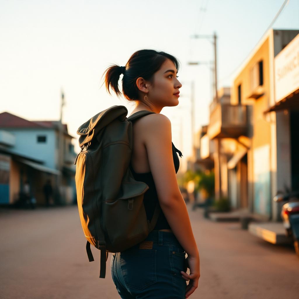 A backpacker on a dusty street at golden hour